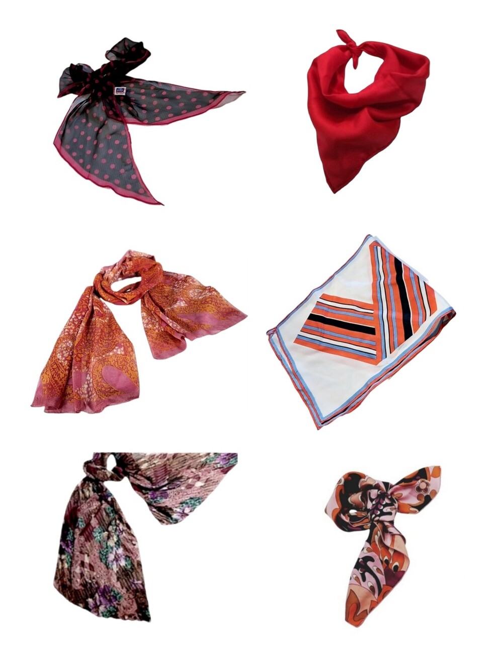 Bundle of 6 Scarves Miscellaneous Sizes, Colors, & Print Designs